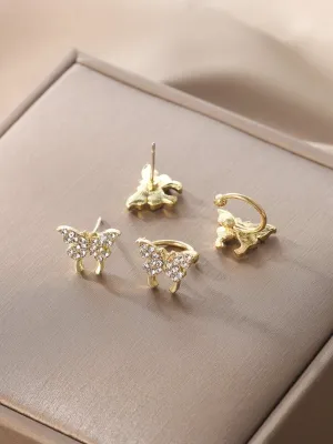 Tiny Crystal Butterfly Cuff Stud Earrings (2 Pair)